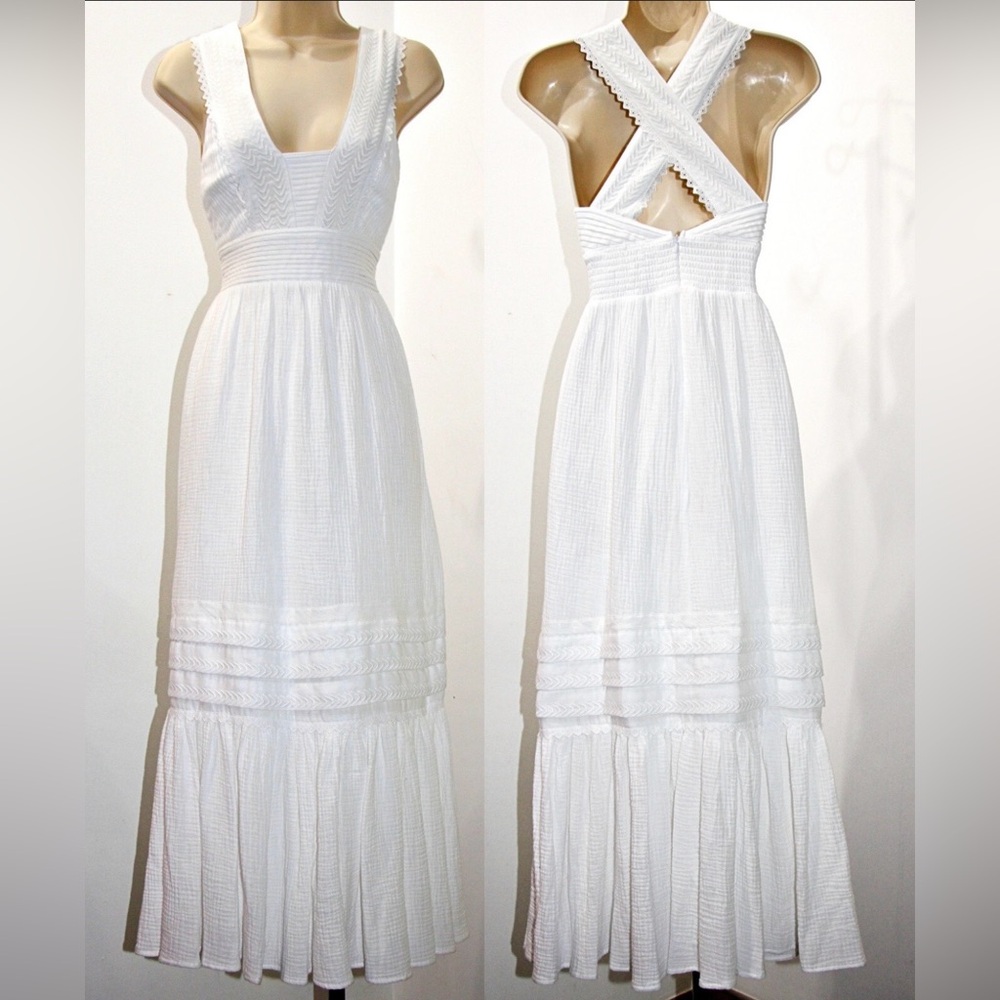 Magaschoni Organic Cotton White Maxi Dress Boho Lace Cross Back Cottagecore 2